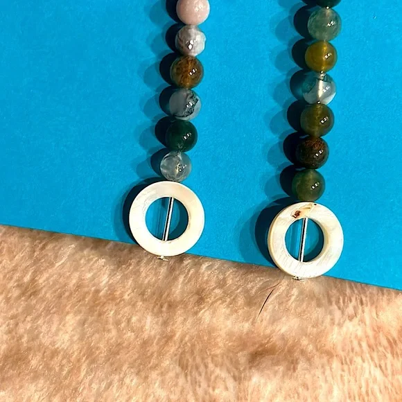 Green Jasper and Shell Silver Dangle Earrings - Picture 2 of 5